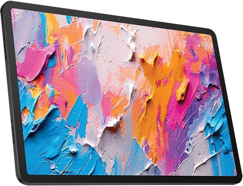 Side-by-side view of a laptop and a Samsung Galaxy Tab showing an abstract painting with digital distortion on the screens.