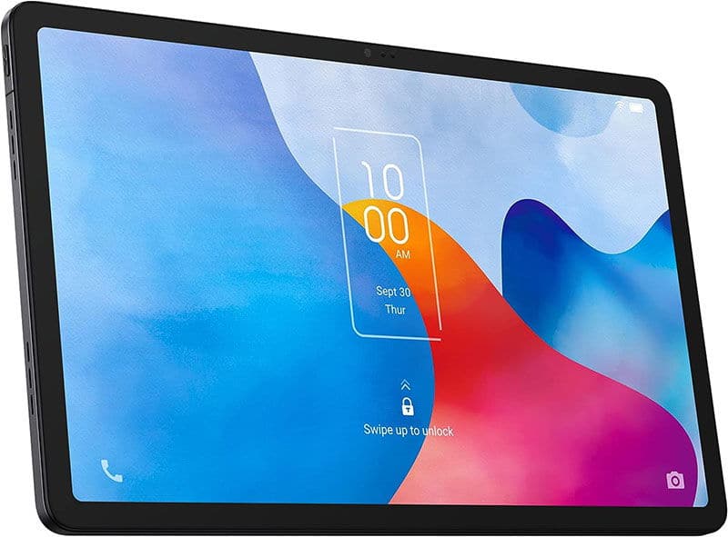 Front view of a black tablet, possibly Samsung Galaxy Tab, with colorful lock screen showing 10:00 AM and "Swipe up to unlock.