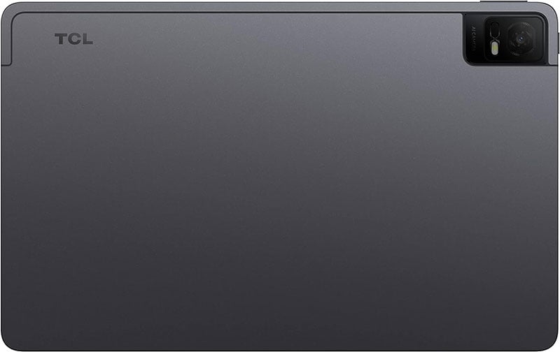 Rear view of matte gray TCL tablet; TCL logo top left, rectangular module with camera and flash top right. Model unspecified.