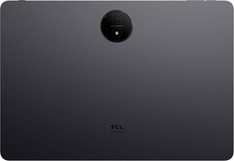 Rear view of TCL NXTPAPER tablet in dark gray, with centered circular rear camera at top and TCL NXTPAPER logo near bottom.