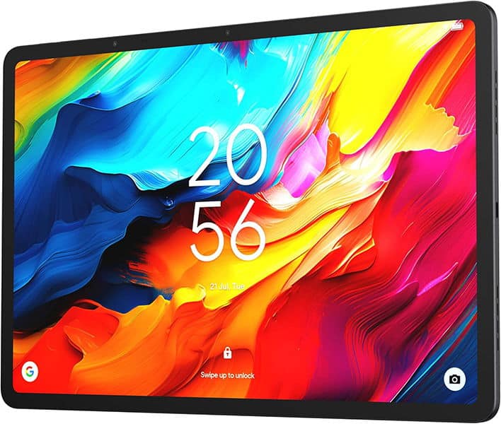 Front view display of a tablet showing abstract diagonal bands in bright colors with pixelated effects and scattered shapes.