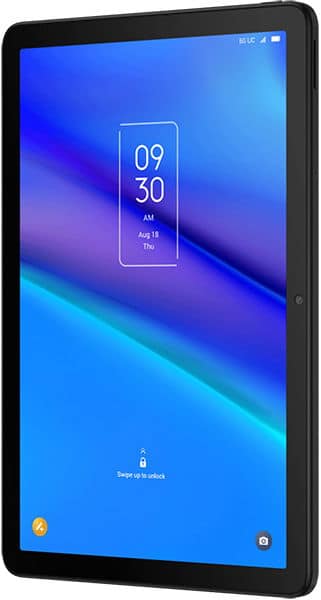 Front view of a black tablet showing lock screen with time, date, swipe prompt, blue-purple gradient, 5G UC and battery icons.