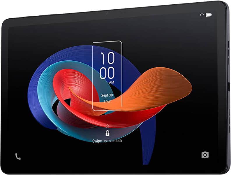 Front view of a black tablet showing a vibrant lock screen with date, time (10:00 AM), and phone/camera icons at the bottom.
