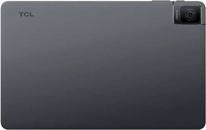 Rear view of dark gray TCL tablet with single AI-labeled camera in top right and TCL logo in top left corner.