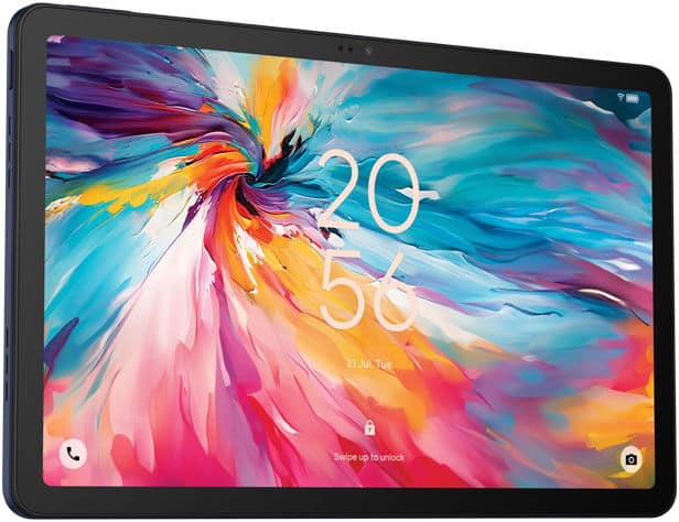 Front view of a tablet displaying abstract wallpaper, 20:56 time, July 21 date, and phone, camera, unlock icons at bottom.