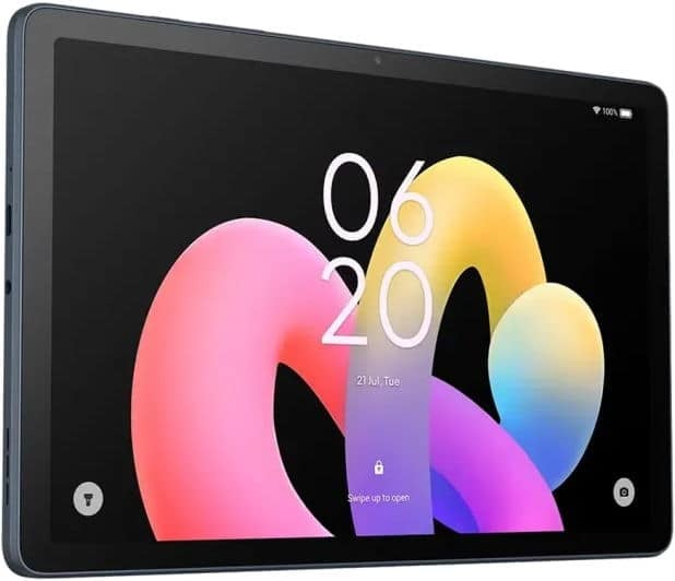 Front view of a tablet with black bezel showing lock screen at 06:20, July 21; background has colorful gradient shapes.