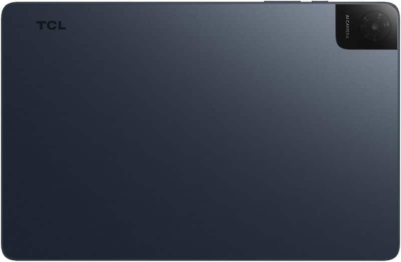 Rear view of a dark gray TCL tablet showing single top-right camera and TCL logo on upper left.