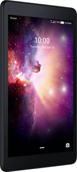 Front view of black tablet with cosmic wallpaper, 10:00 time, Oct 15 date, Verizon carrier, battery, Wi-Fi, and signal icons.