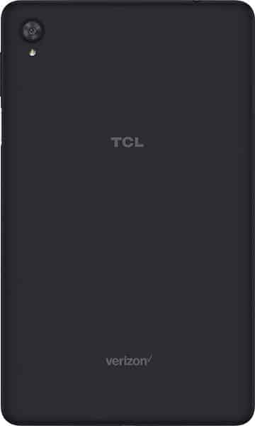 Rear view of black TCL tablet showing rear camera, LED flash (top left), and Verizon and TCL logos on back.