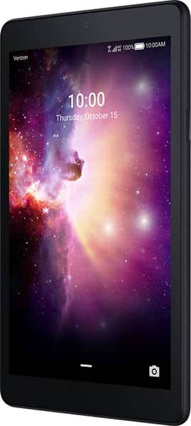 Front view of a black tablet showing galaxy wallpaper, 10:00 time, Oct 15 date, plus battery, Wi-Fi, and carrier icons.