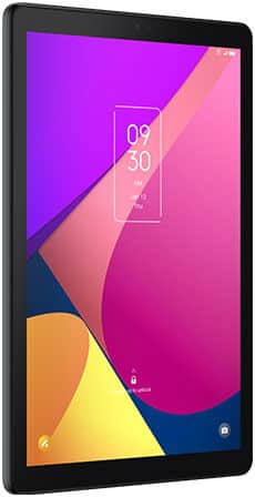 Front angled view of a black tablet with vibrant geometric wallpaper, showing time, date, and lock icons on the display.