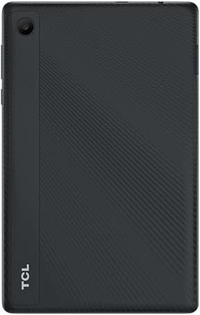 Rear view of black TCL tablet with single top-left camera, diagonal textured back, and vertical TCL logo near bottom left.