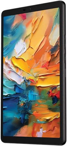 Black tablet, front angled view, displaying a vivid abstract painting with bold orange, yellow, blue, and white brushstrokes.