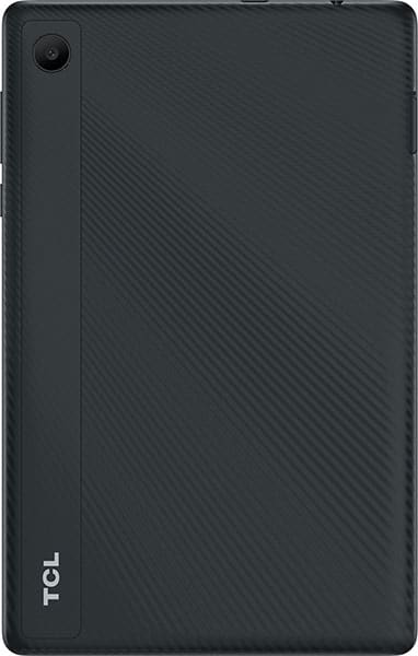 Rear view of black TCL tablet with diagonal textured back, top left rear camera, and white TCL logo at lower left. Model unspecified.