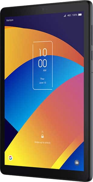 Black tablet, front angled view, screen on with 10:00 AM, June 15. Colorful blue, yellow, orange abstract background. Brand not shown.