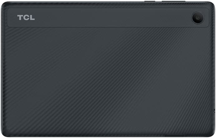 Rear view of TCL tablet in dark gray with textured back, TCL logo top left, and rear camera in the top right corner.