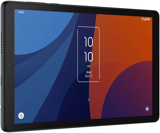 Front view of a black tablet displaying 10:10 AM, Oct 11, with blue-orange geometric wallpaper and AT&T logo top left. Brand/model unspecified.