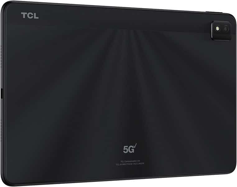 Rear view of black TCL tablet with top right camera, center 5G branding, and TCL logo in the top left corner. Model not specified.