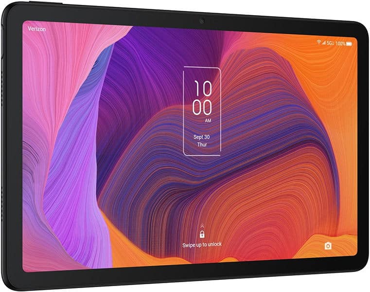 Front view of a black tablet, lock screen on, showing colorful abstract wallpaper, time, date, battery, and signal status.