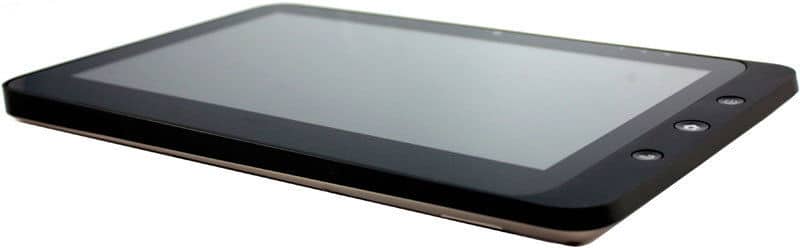 Black tablet, likely Samsung Galaxy Tab, front view from low angle showing large touchscreen and three front edge circular buttons.