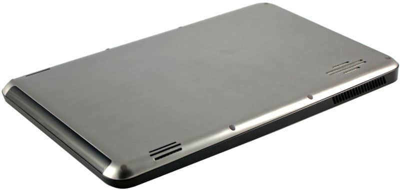 Apple iPad rear view from above, showing bottom panel, side vent, and speaker grilles on the silver chassis.