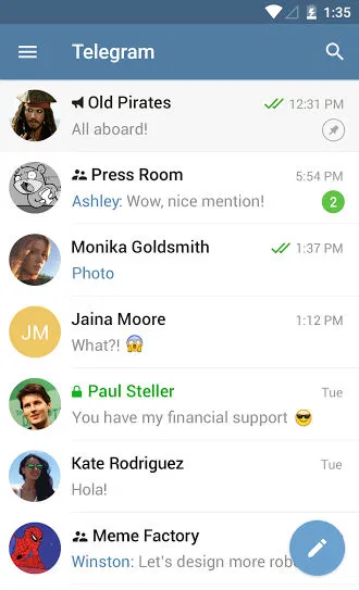 Front view screenshot of Telegram chat list interface on a mobile device, displaying contacts, groups, and message notifications.