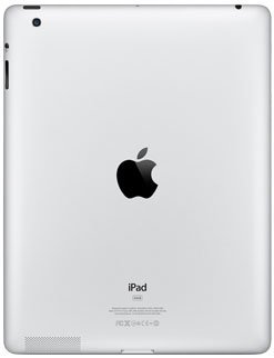 Rear view of a silver Apple iPad showing the center Apple logo, top left camera, and “iPad” branding near the bottom.