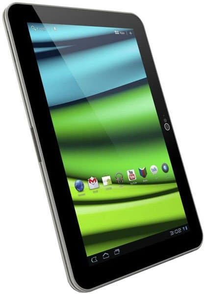 Black tablet with touchscreen, green and blue abstract wallpaper, app icons at bottom, shown from front at a slight angle.