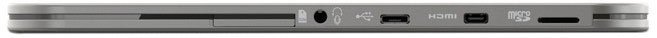 Laptop rear edge showing ports including headphone jack, power connector, HDMI, USB, and SD card slot