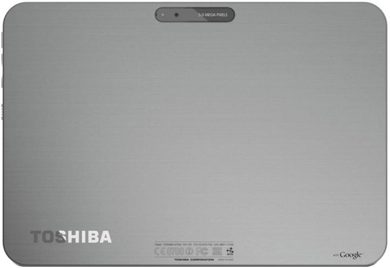 Rear view of silver Toshiba tablet; brand name bottom left, 5.0 MP rear camera top center, with Google logo bottom right.