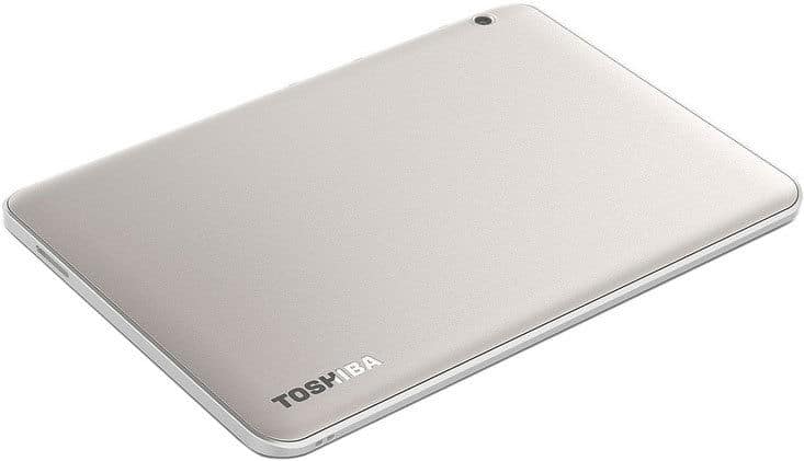 Closed silver Toshiba laptop, top cover angled view, shows Toshiba logo and small sensor in the upper corner.