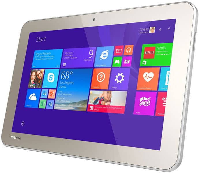 White tablet angled to show Windows 8 Start screen with colorful app tiles, set against a plain white background.