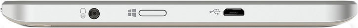 Side close-up of a silver device displaying headphone jack, sliding switch, USB port, and mic hole for hardware comparison.