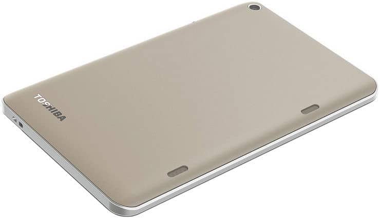 Rear view of a gold Toshiba tablet at an angle, showing top right camera lens and lower left Toshiba logo.