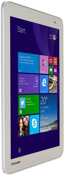 Front view of a Toshiba tablet showing Windows 8 start screen with app tiles and sunny Los Angeles weather forecast.