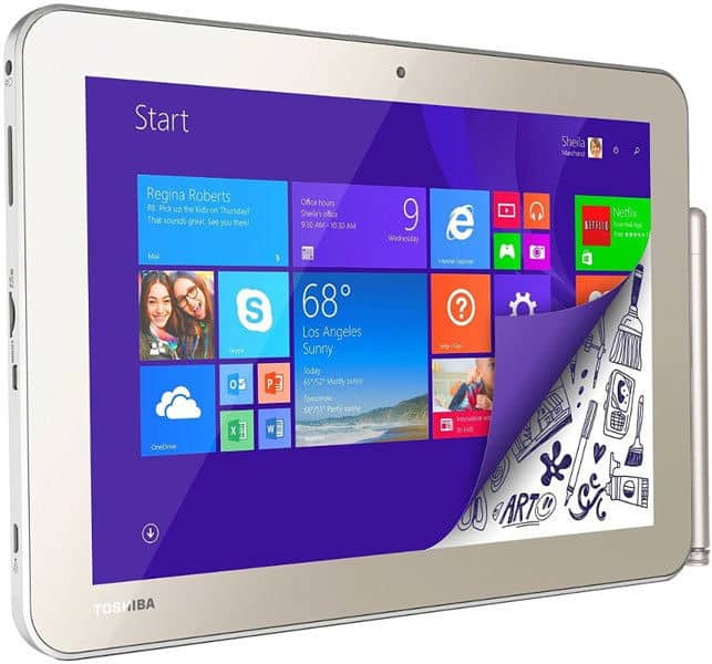 Front view of Toshiba tablet with Windows 8 start screen, corner peeled back showing doodles and the word "ART!" underneath.