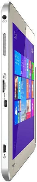 Microsoft Surface tablet angled to show Windows 8 Start screen; USB, HDMI, and headphone ports visible along the right edge.
