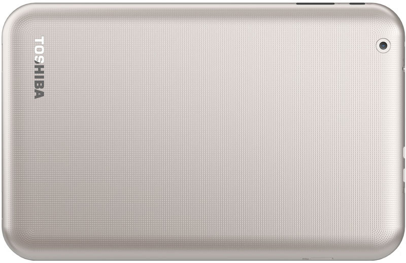 Rear view of silver Toshiba tablet with textured back, top-right camera, and vertical Toshiba logo on the left side.