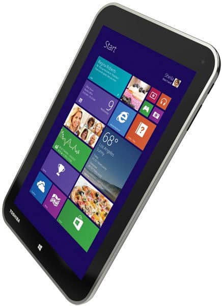 Toshiba tablet, angled front view, showing Windows 8 Start screen with colorful app tiles and weather widget.