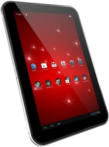 Front view of a black tablet with silver edge, red app-filled home screen at 4:00, starburst background. Brand/model unspecified.