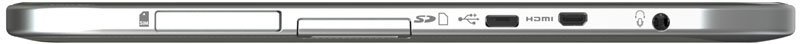 Toshiba Excite 10 tablet rear view, showing ports and buttons along top edge including HDMI and power controls