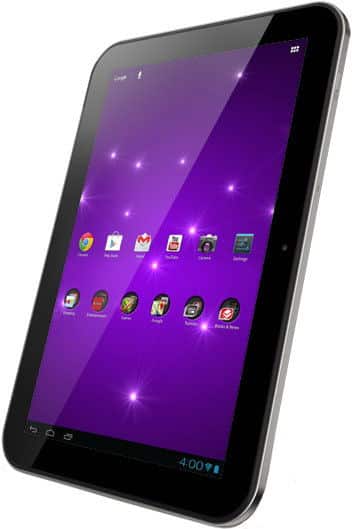 Black tablet, possibly Samsung Galaxy Tab, front left angle, purple starry screen with app icons; time displayed is 4:00.