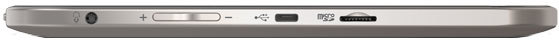 Toshiba Excite 10SE tablet, top edge view showing power button, volume controls, headphone jack, and ports