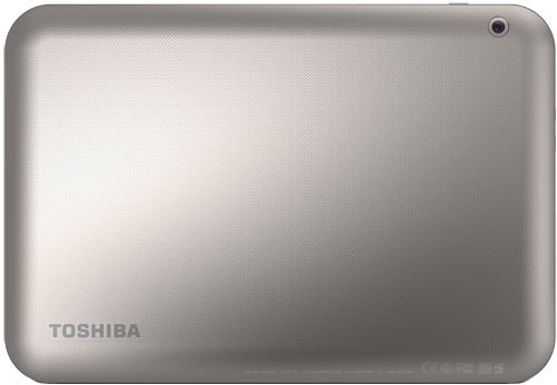 Rear view of a silver Toshiba tablet with textured finish, Toshiba logo bottom left, and rear camera in the top right corner.