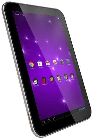 Black tablet, possible Android device, angled front view with purple screen showing Chrome, Gmail, YouTube apps on white background.