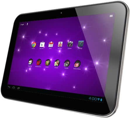 Front view of a black tablet, possibly Samsung Galaxy Tab, with purple home screen showing app icons and time set to 4:00.