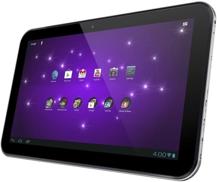 Black tablet, likely generic Android, angled front view with purple home screen, app icons visible, screen shows 4:00.