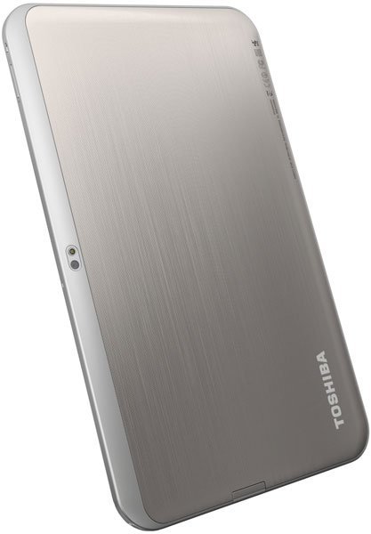 Rear angled view of a silver Toshiba tablet, brushed metal finish, Toshiba logo in lower right; specific model not identified.