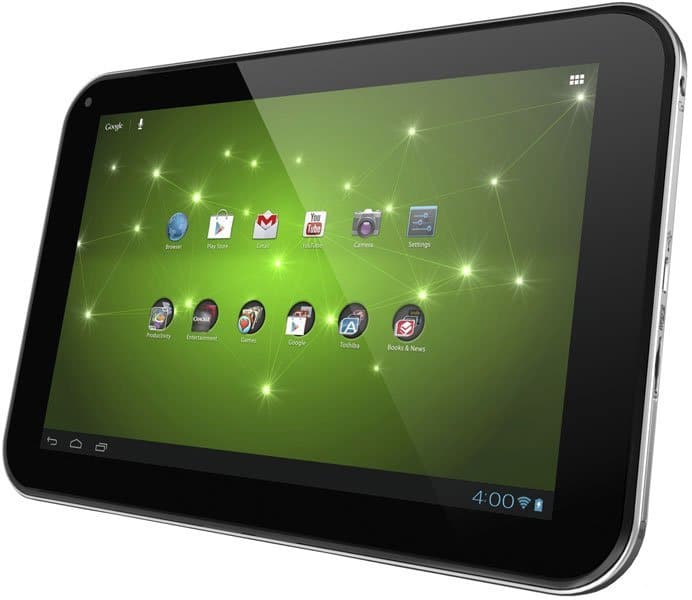 Front view of a black tablet, likely Android, showing green wallpaper, app icons, 4:00 time, battery and Wi-Fi status.