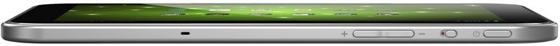 Side view of a slim tablet with green home screen, showing edge buttons including volume and power controls; brand/model unspecified.